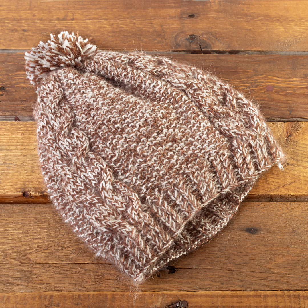 Hand-Knitted 100% Alpaca Pom-Pom Hat in Brown and White - Marble