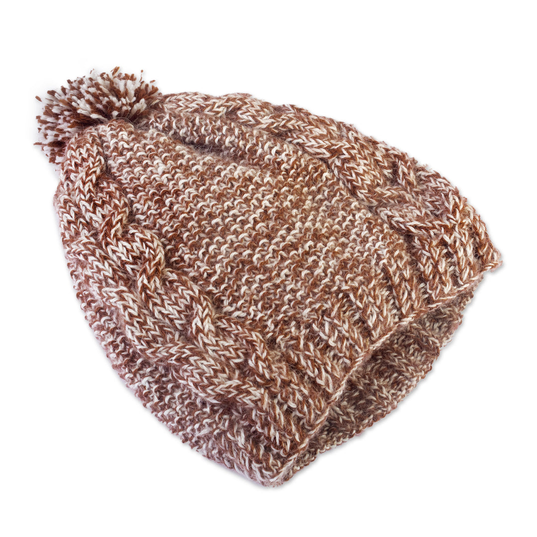 Hand-Knitted 100% Alpaca Pom-Pom Hat in Brown and White - Marble