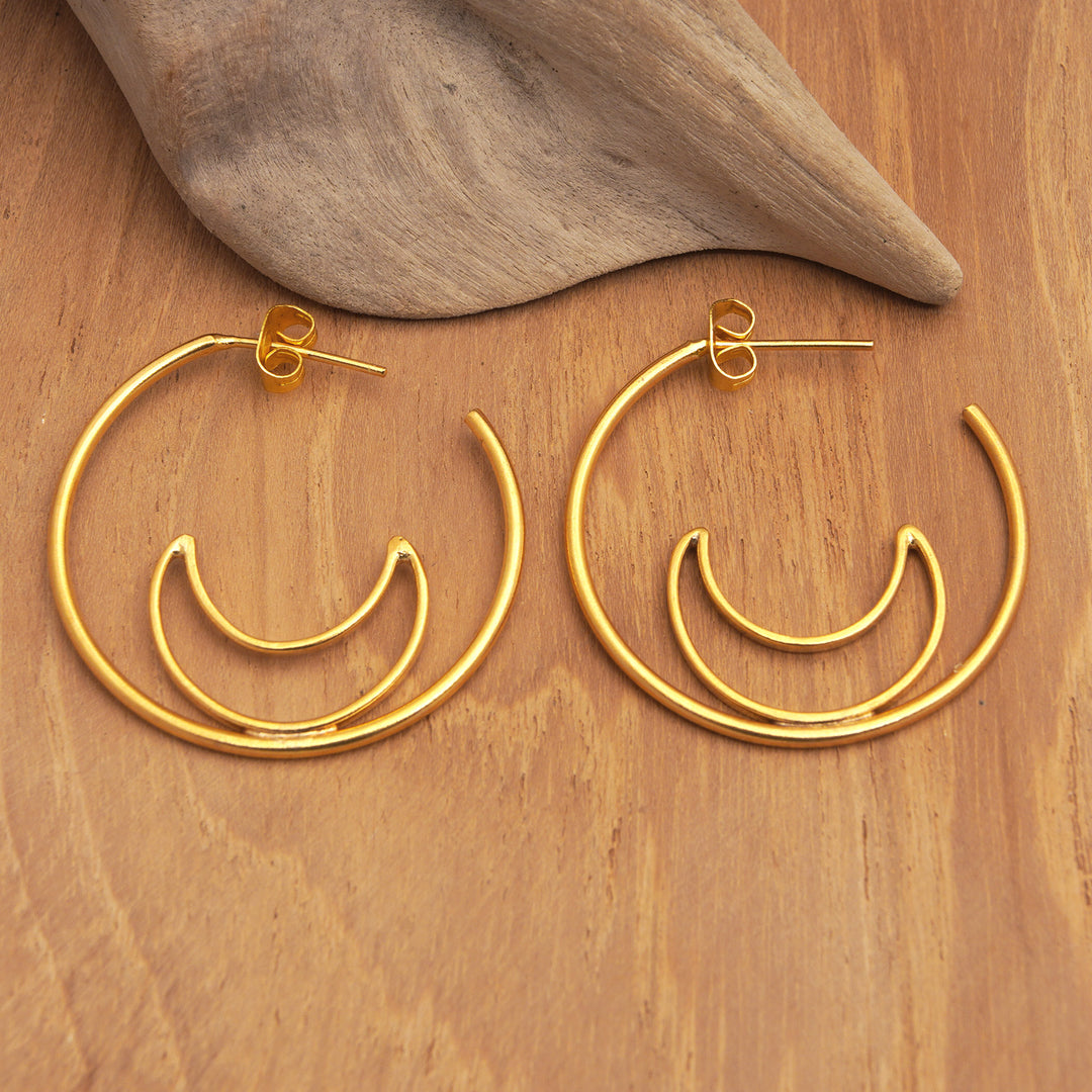 Gold-Plated Moon-Themed Half-Hoop Earrings from Indonesia - Through the Moon