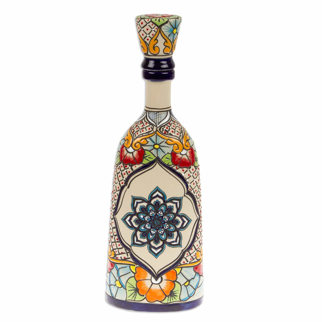 Mandala and Floral-Themed Hand-Painted Blue Ceramic Decanter - Talavera Flavors