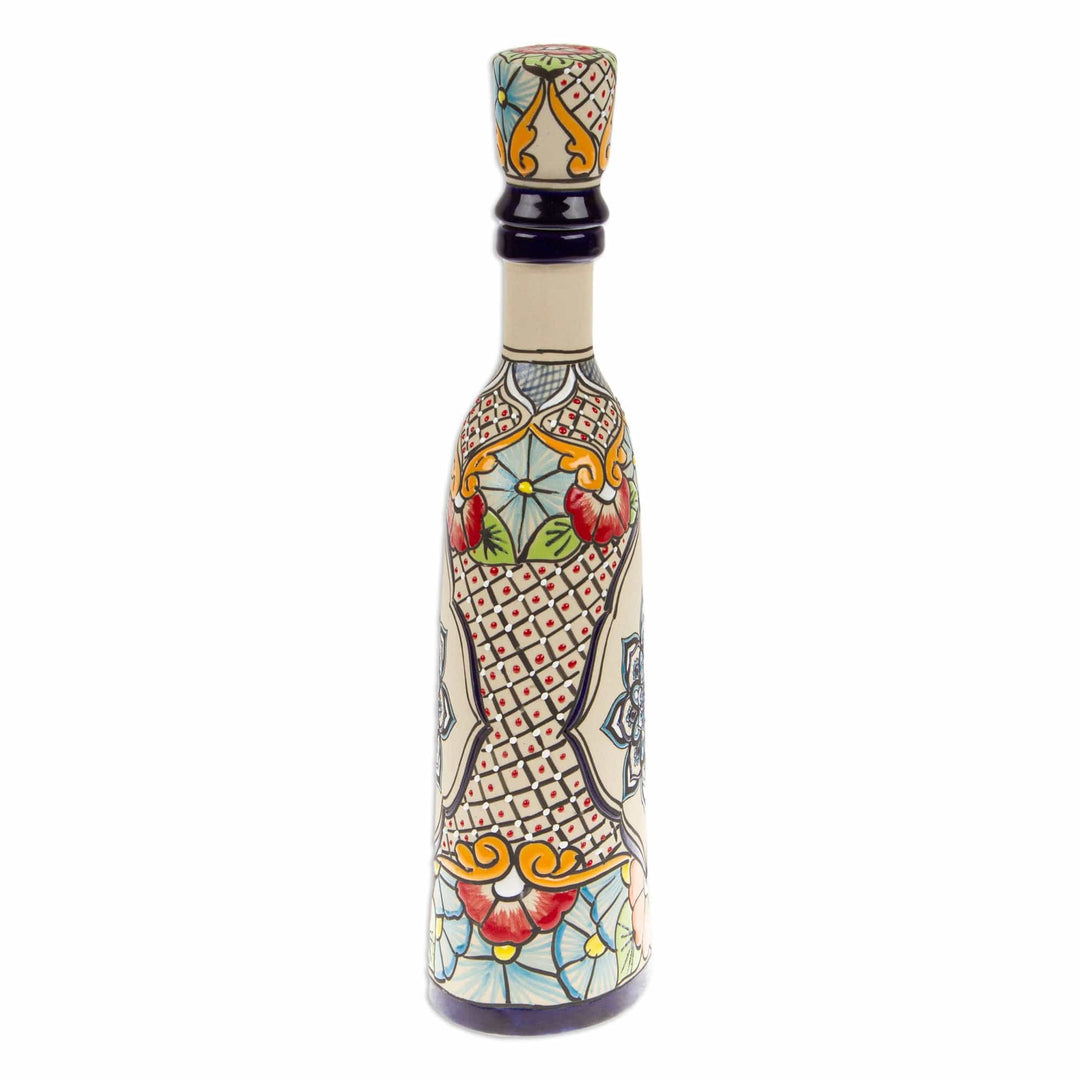Mandala and Floral-Themed Hand-Painted Blue Ceramic Decanter - Talavera Flavors