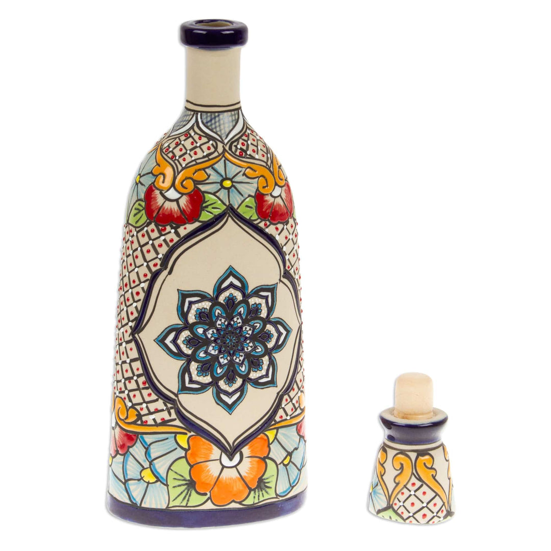 Mandala and Floral-Themed Hand-Painted Blue Ceramic Decanter - Talavera Flavors