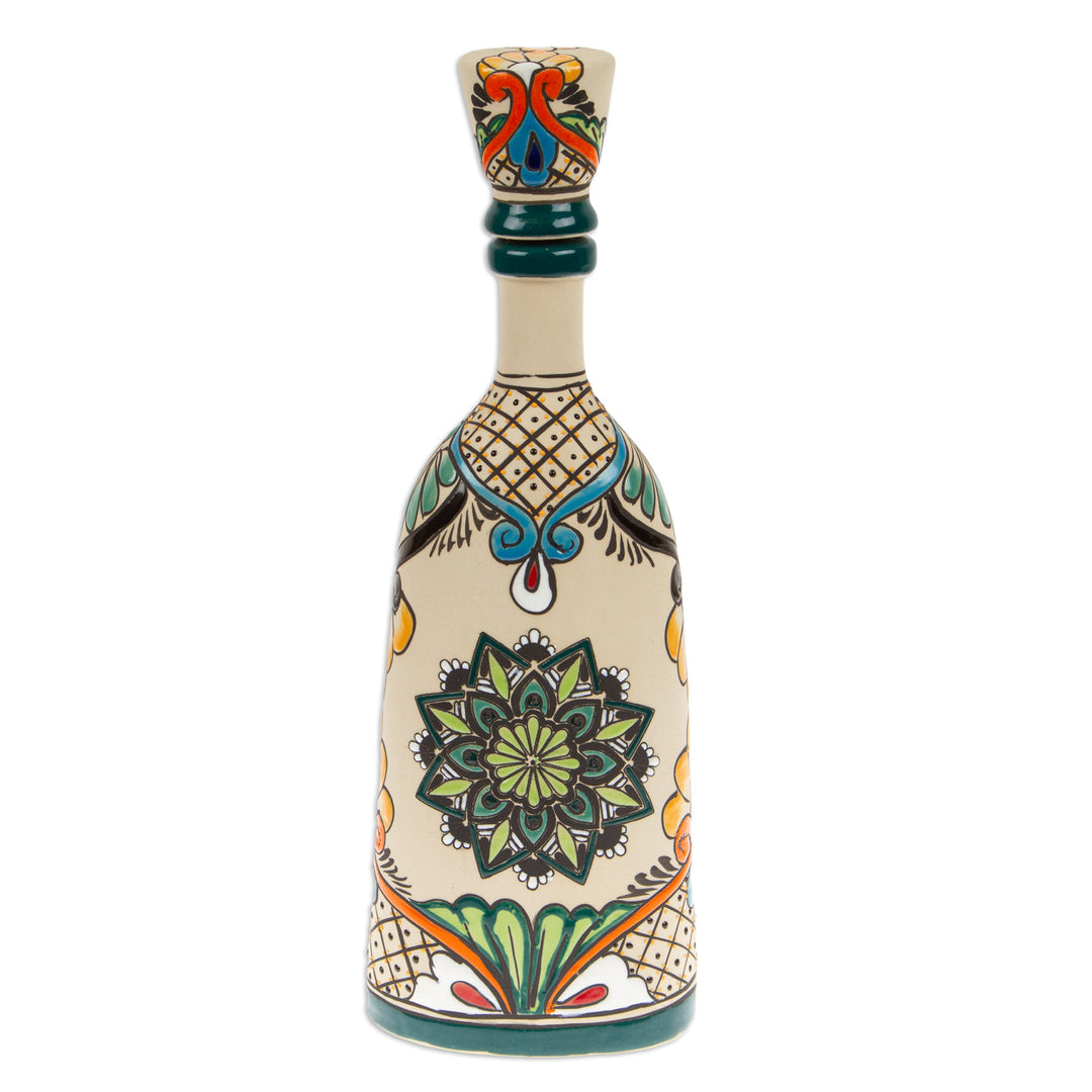 Mandala and Floral-Themed Painted Green Ceramic Decanter - Green Mandala Flavors