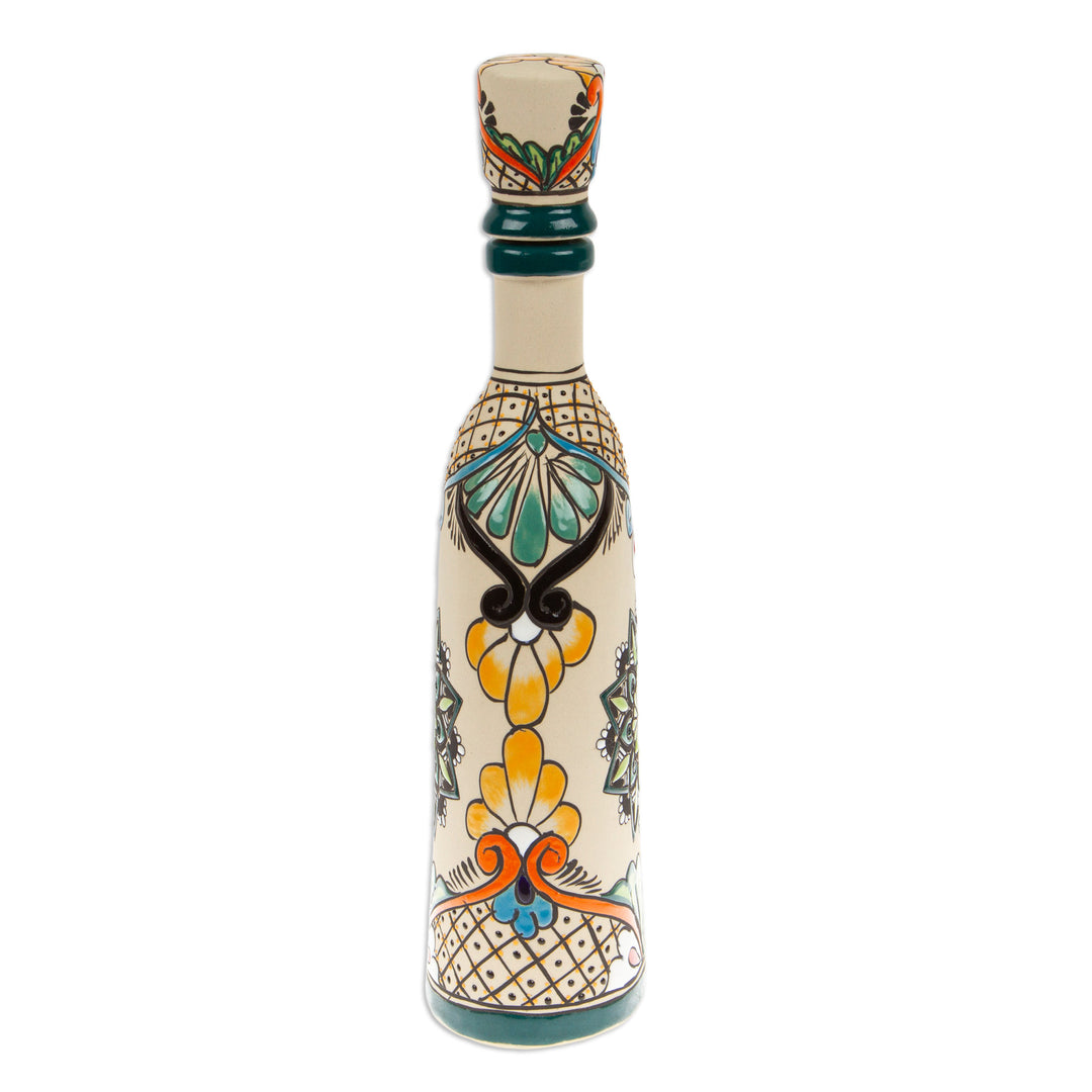 Mandala and Floral-Themed Painted Green Ceramic Decanter - Green Mandala Flavors