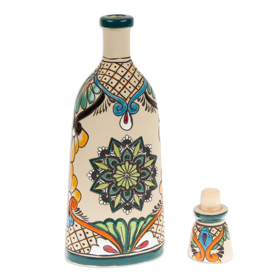 Mandala and Floral-Themed Painted Green Ceramic Decanter - Green Mandala Flavors