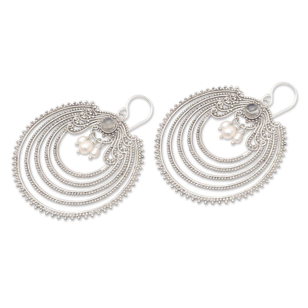 Dangle Earrings with Pearls and Natural Rainbow Moonstones - Fancy Harmony