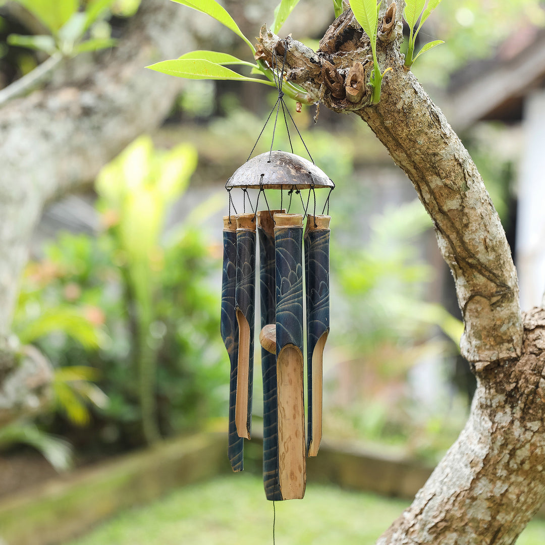 Handcrafted Blue Bamboo and Coconut Shell Wind Chime - Blue Rhythm