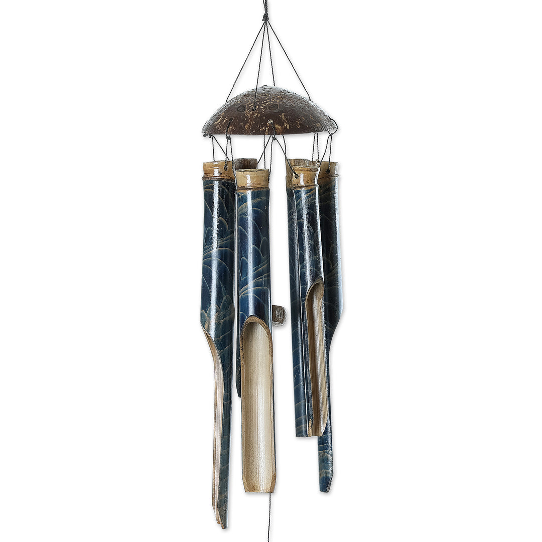 Handcrafted Blue Bamboo and Coconut Shell Wind Chime - Blue Rhythm
