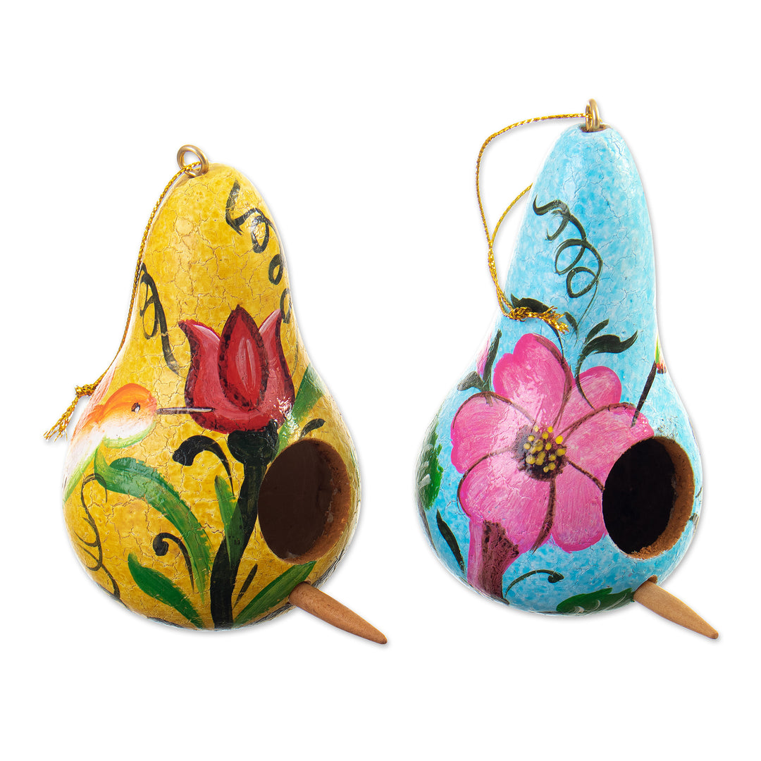 Set of Two Floral Yellow and Blue Dried Gourd Ornaments - Summer Homes