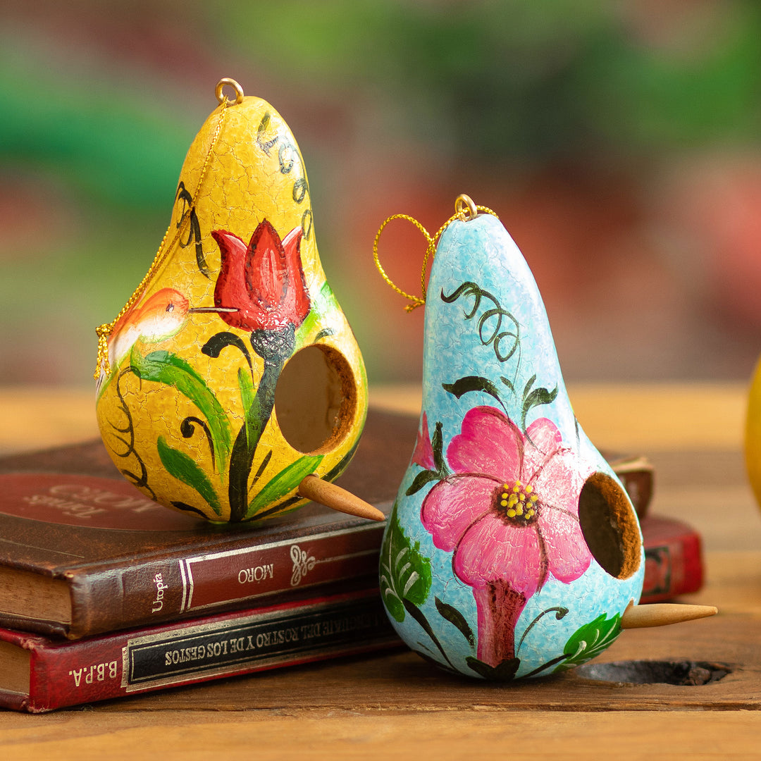 Set of Two Floral Yellow and Blue Dried Gourd Ornaments - Summer Homes