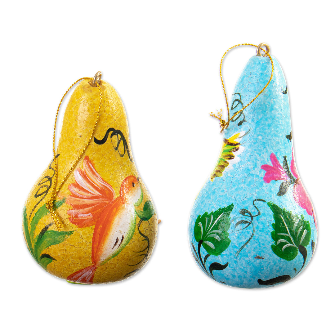 Set of Two Floral Yellow and Blue Dried Gourd Ornaments - Summer Homes