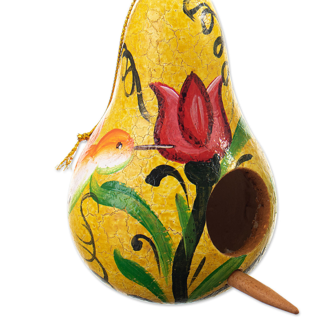 Set of Two Floral Yellow and Blue Dried Gourd Ornaments - Summer Homes