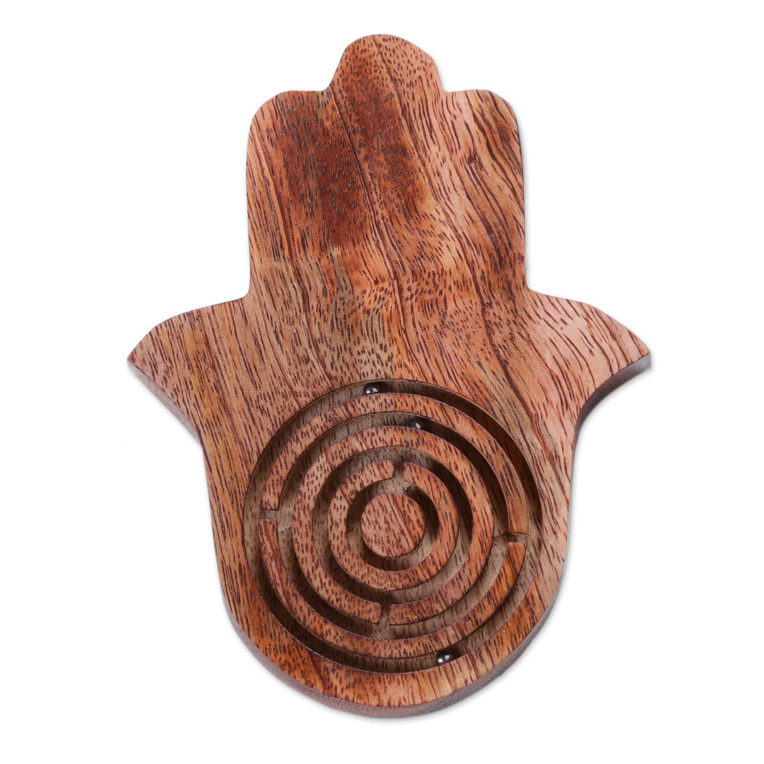 Hamsa-Shaped Polished Acacia Wood Labyrinth Game from India - Hamsa Roads