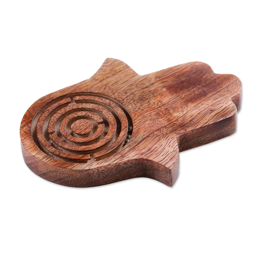 Hamsa-Shaped Polished Acacia Wood Labyrinth Game from India - Hamsa Roads