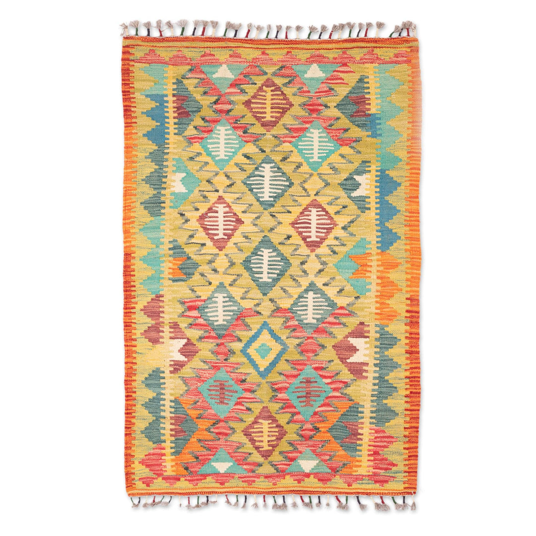 Handwoven Geometric Wool Area Rug in Yellow (2.5x5) - Uzbekistan Palace