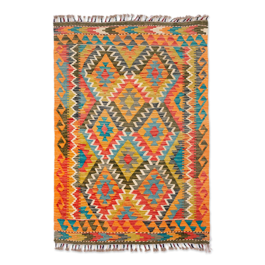 Handwoven Geometric Wool Area Rug in a Warm Palette (3x5) - Silk Road Jewels