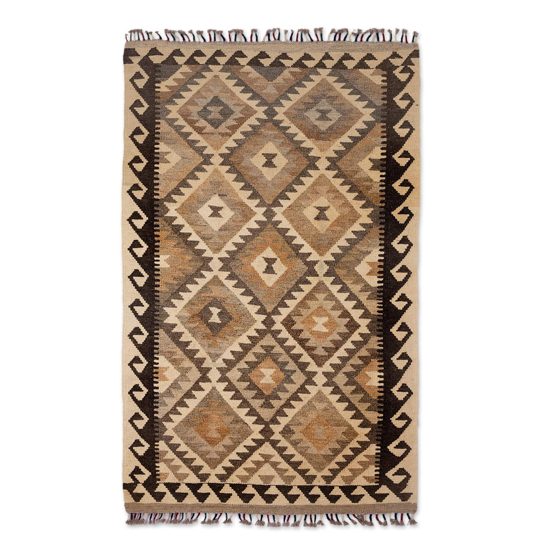 Handwoven Geometric Wool Area Rug in Brown and Black (3x5) - Sepia Elegance
