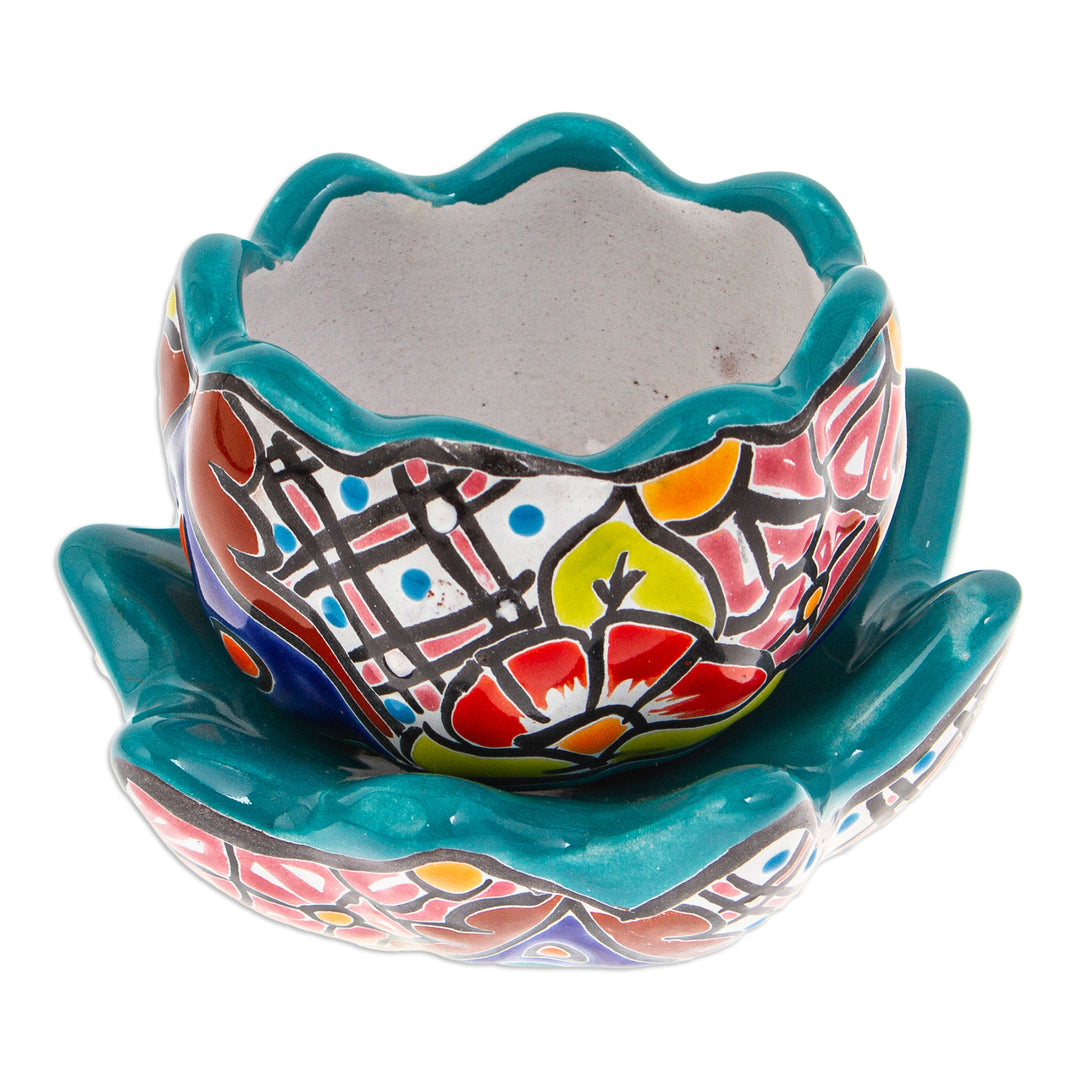 Handcrafted Floral Ceramic Pot with Saucer in a Teal Hue - Talavera Eden in Teal