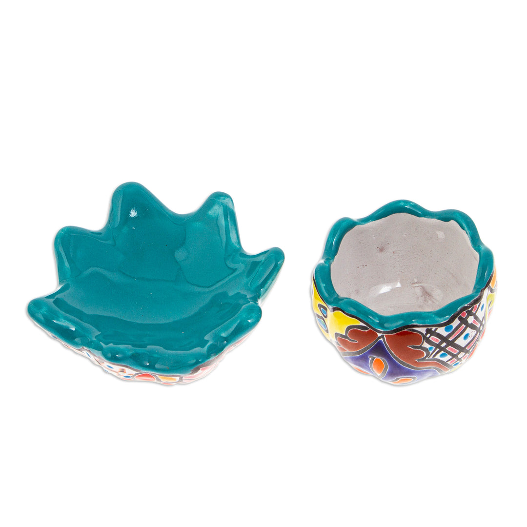 Handcrafted Floral Ceramic Pot with Saucer in a Teal Hue - Talavera Eden in Teal