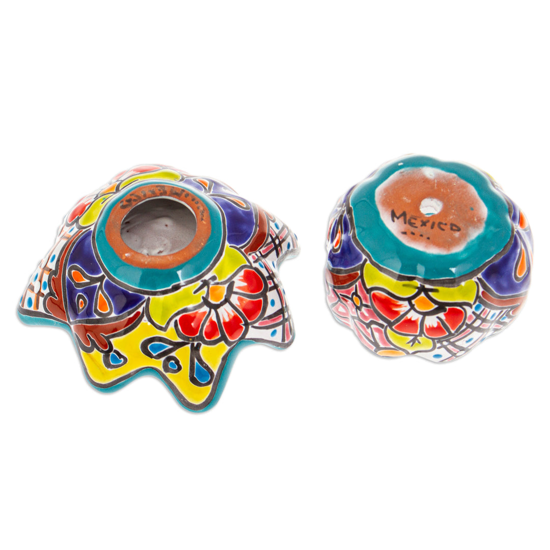 Handcrafted Floral Ceramic Pot with Saucer in a Teal Hue - Talavera Eden in Teal