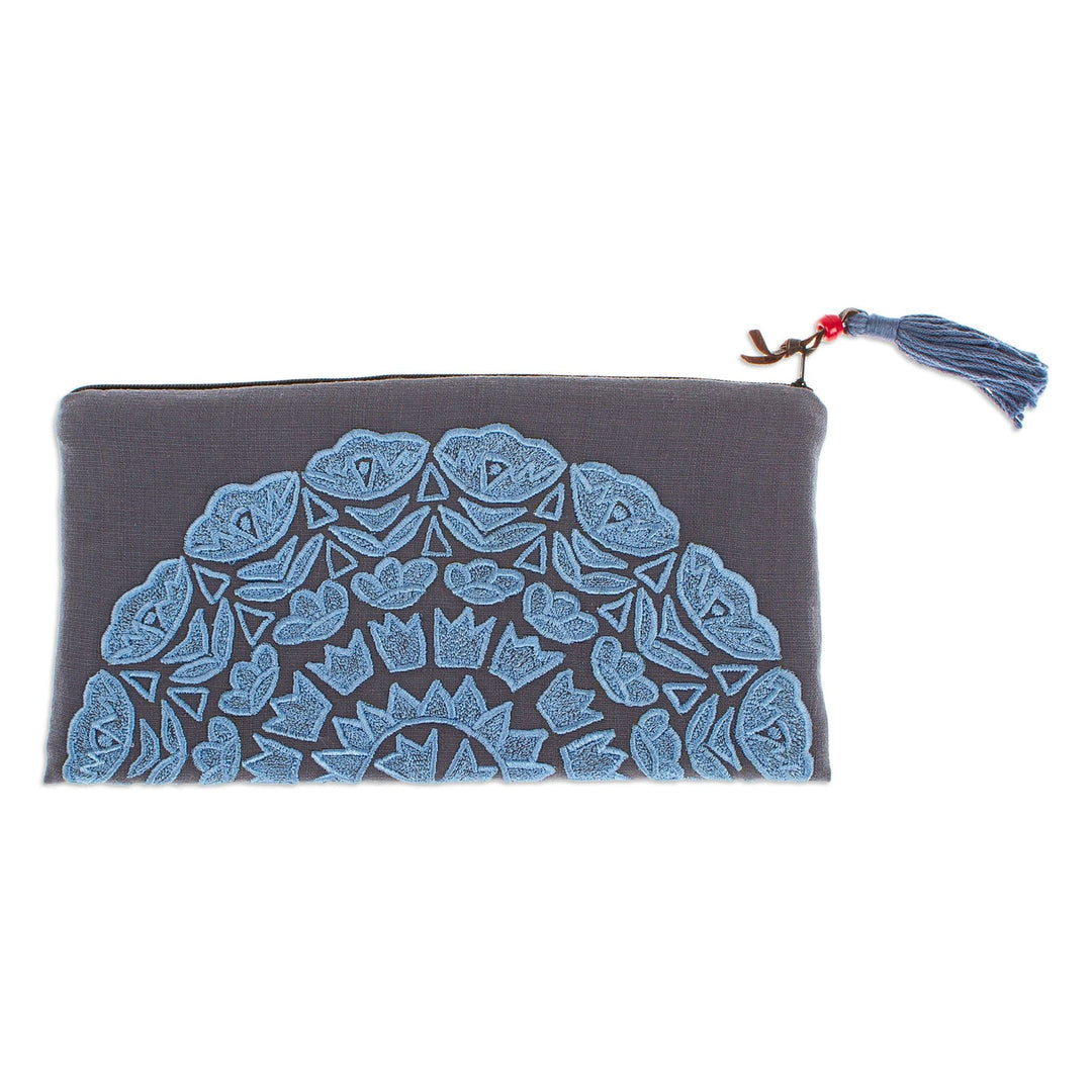 Sun-Themed Flint and Cerulean Silk-Embroidered Satin Clutch - Flint Sunshine