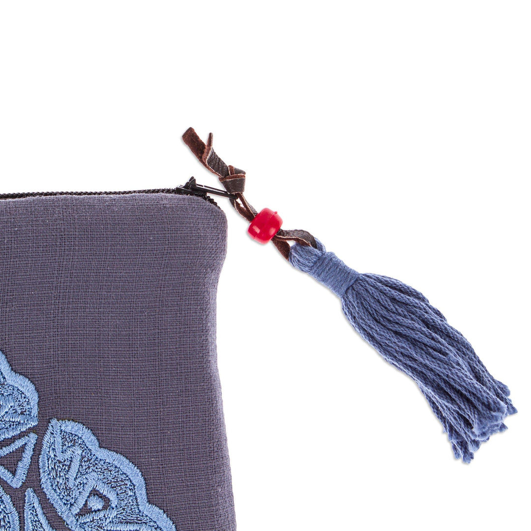 Sun-Themed Flint and Cerulean Silk-Embroidered Satin Clutch - Flint Sunshine