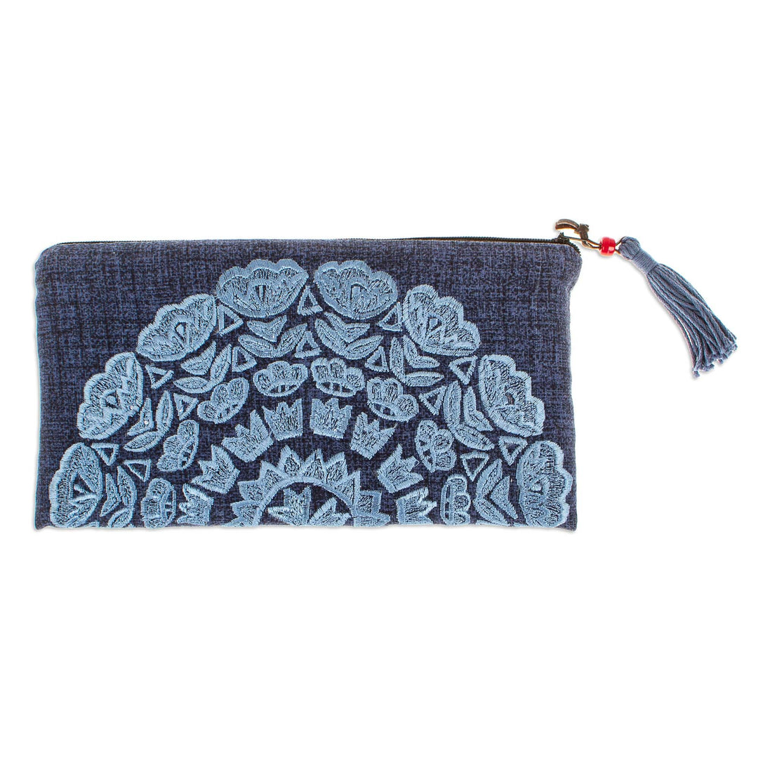 Midnight and Cerulean Silk-Embroidered Satin Clutch - Midnight Sunshine