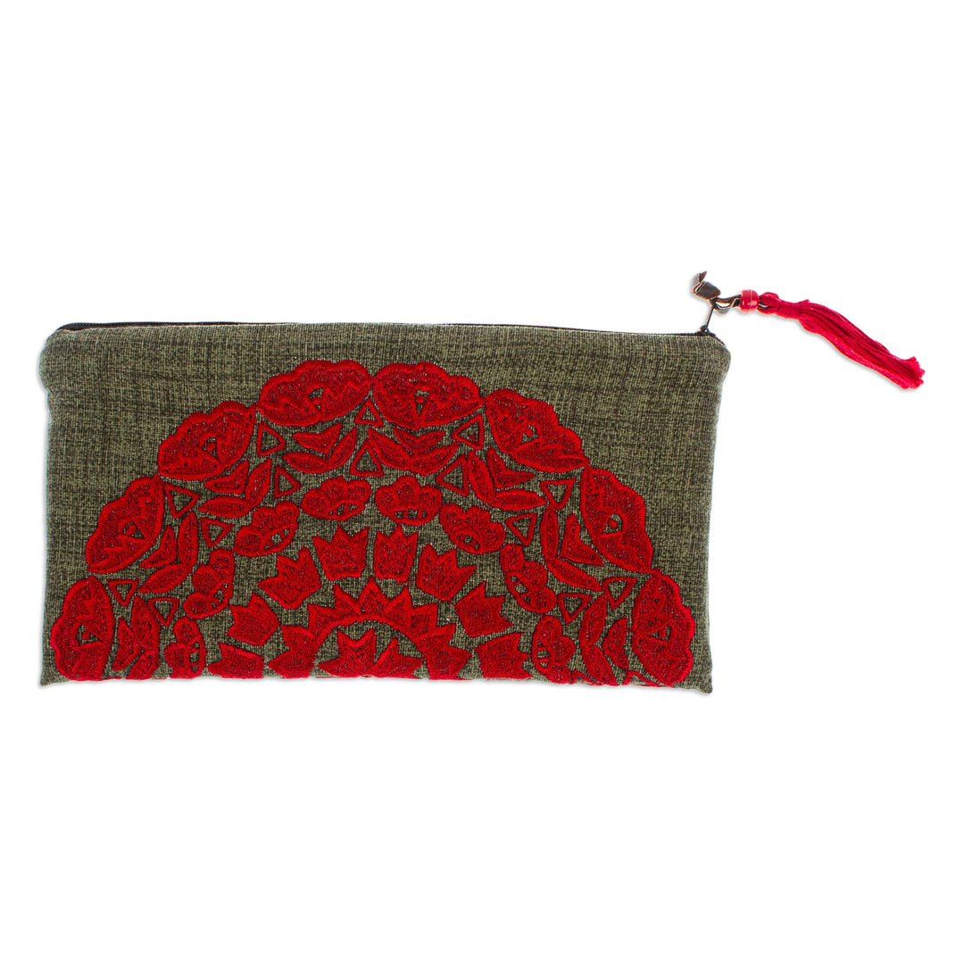 Sun-Themed Olive and Crimson Silk-Embroidered Satin Clutch - Olive Sunshine