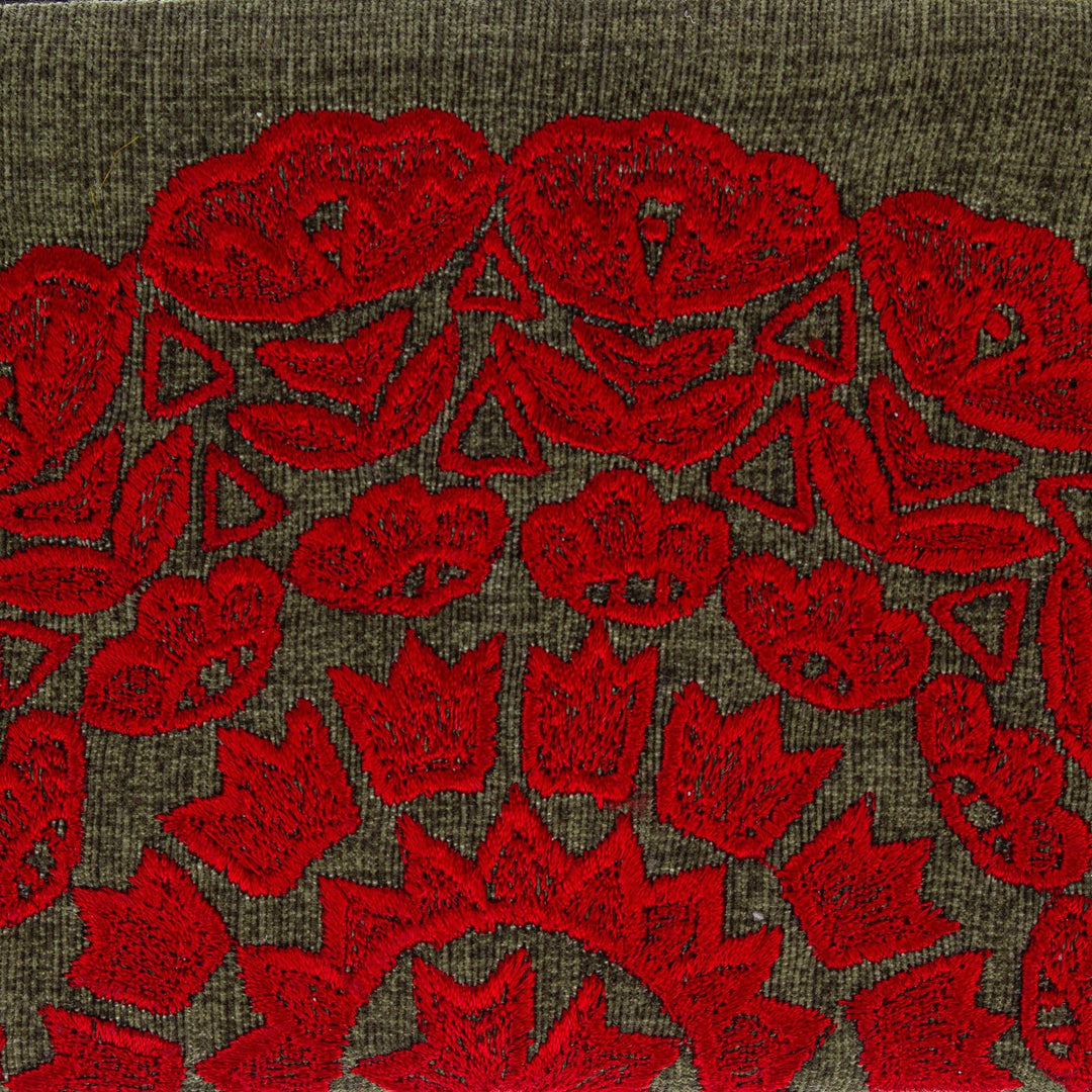 Sun-Themed Olive and Crimson Silk-Embroidered Satin Clutch - Olive Sunshine