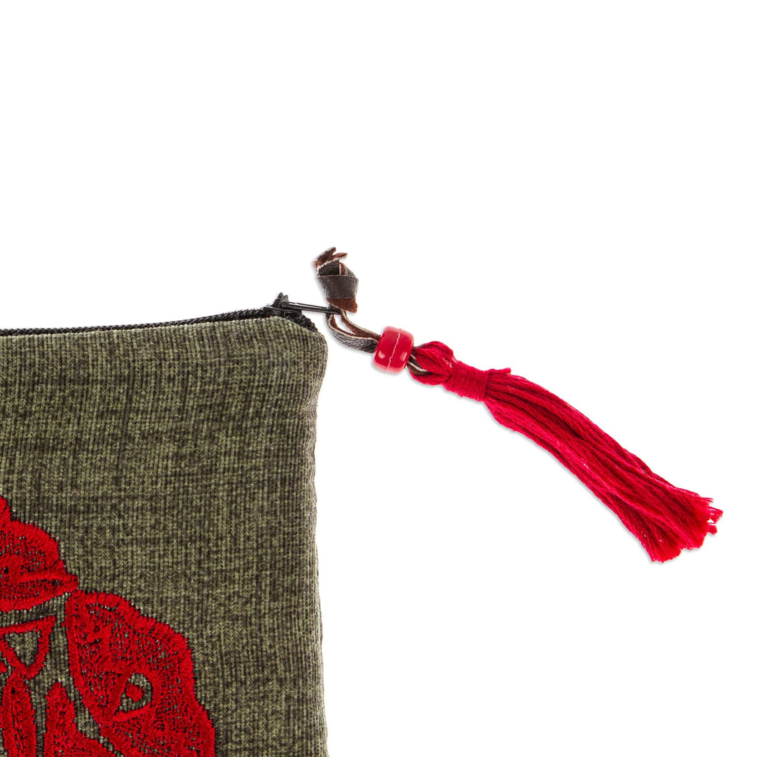 Sun-Themed Olive and Crimson Silk-Embroidered Satin Clutch - Olive Sunshine