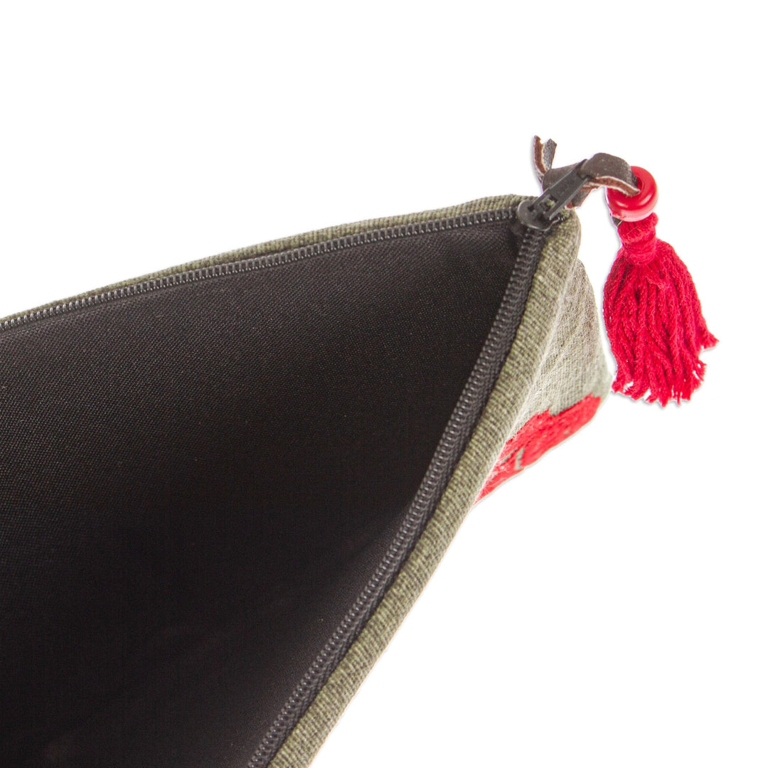 Sun-Themed Olive and Crimson Silk-Embroidered Satin Clutch - Olive Sunshine