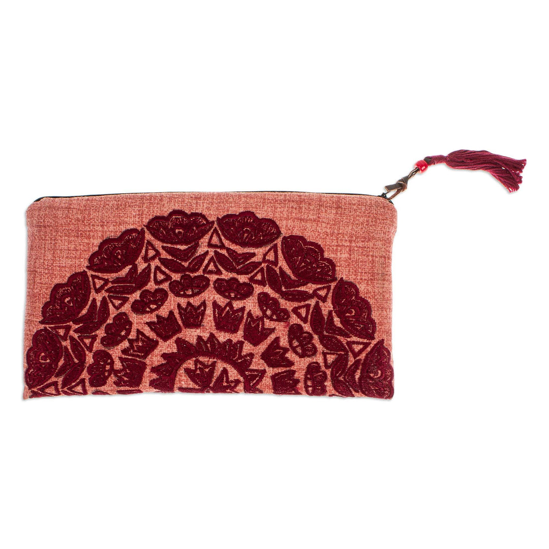 Sun-Themed Flamingo and Wine Silk-Embroidered Satin Clutch - Flamingo Sunshine