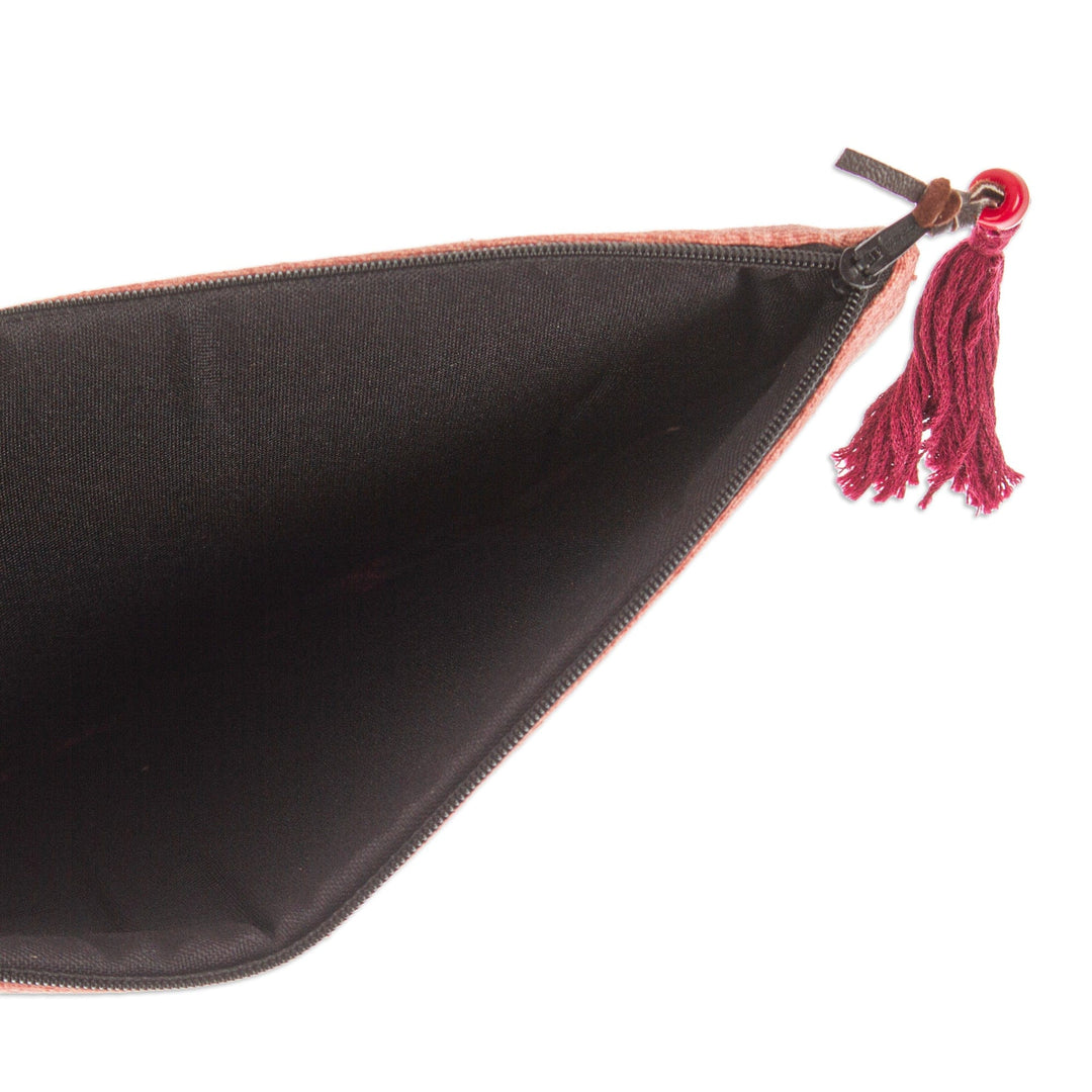Sun-Themed Flamingo and Wine Silk-Embroidered Satin Clutch - Flamingo Sunshine