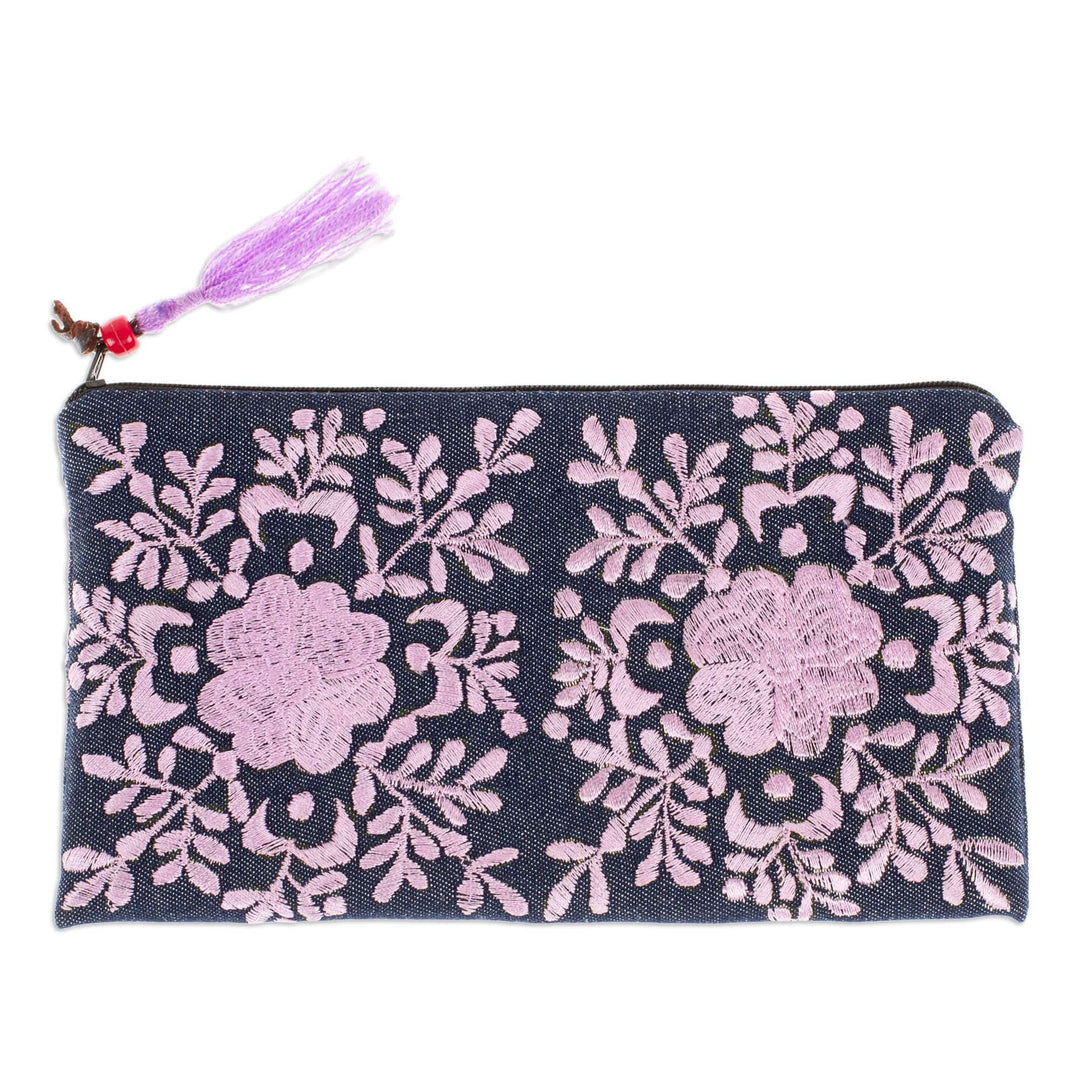 Hand-Embroidered Floral Lilac and Midnight Satin Clutch - Garden's Lilac Lights