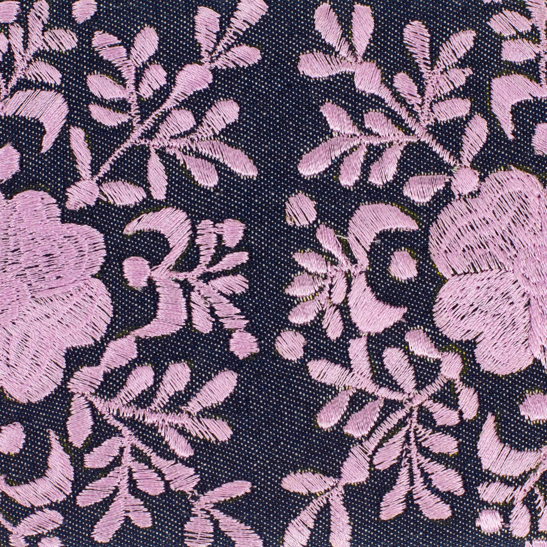 Hand-Embroidered Floral Lilac and Midnight Satin Clutch - Garden's Lilac Lights