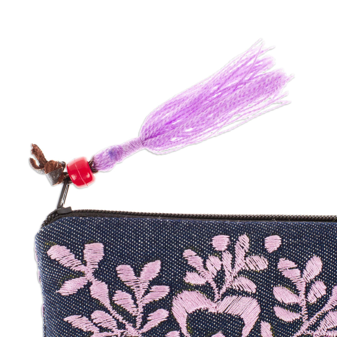 Hand-Embroidered Floral Lilac and Midnight Satin Clutch - Garden's Lilac Lights