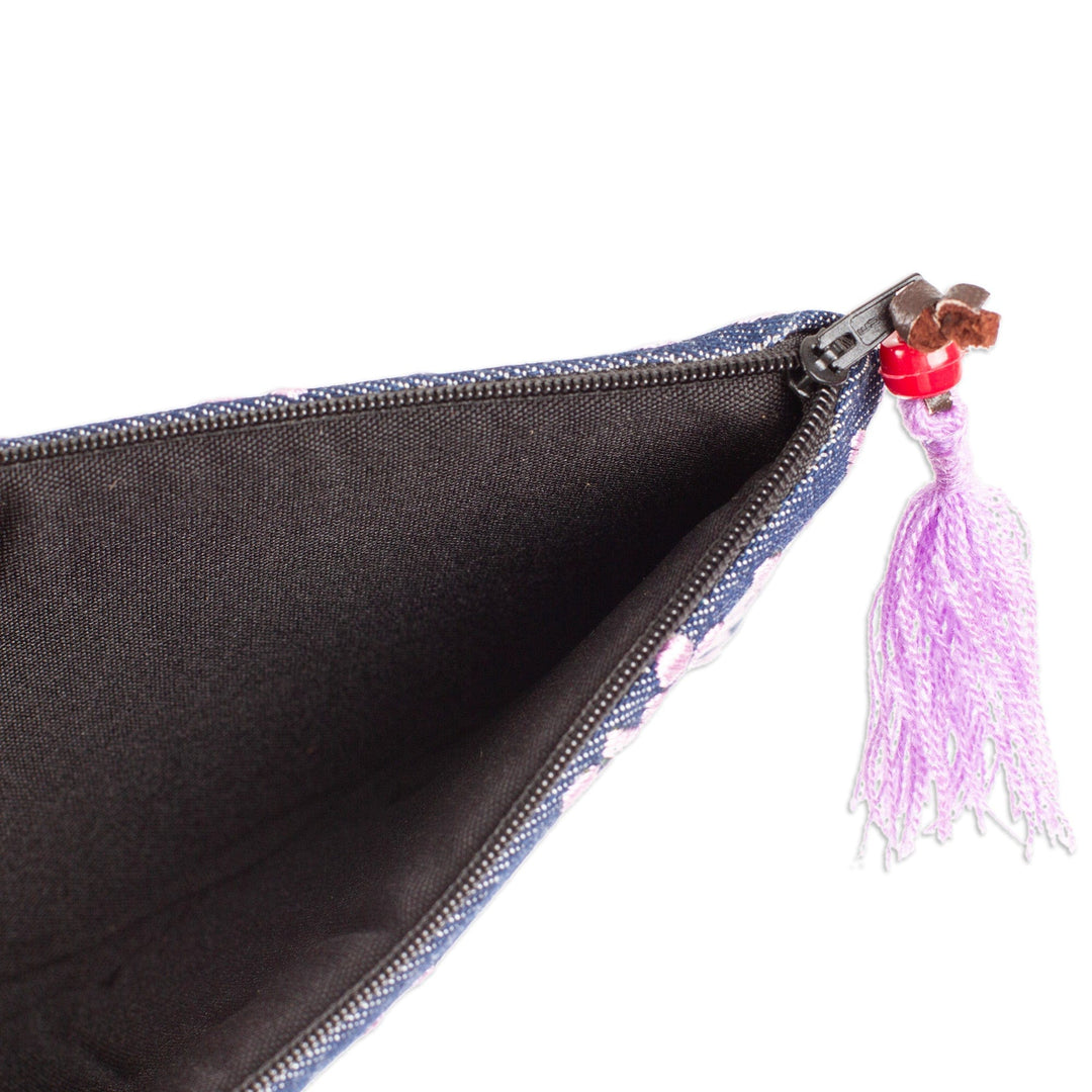 Hand-Embroidered Floral Lilac and Midnight Satin Clutch - Garden's Lilac Lights