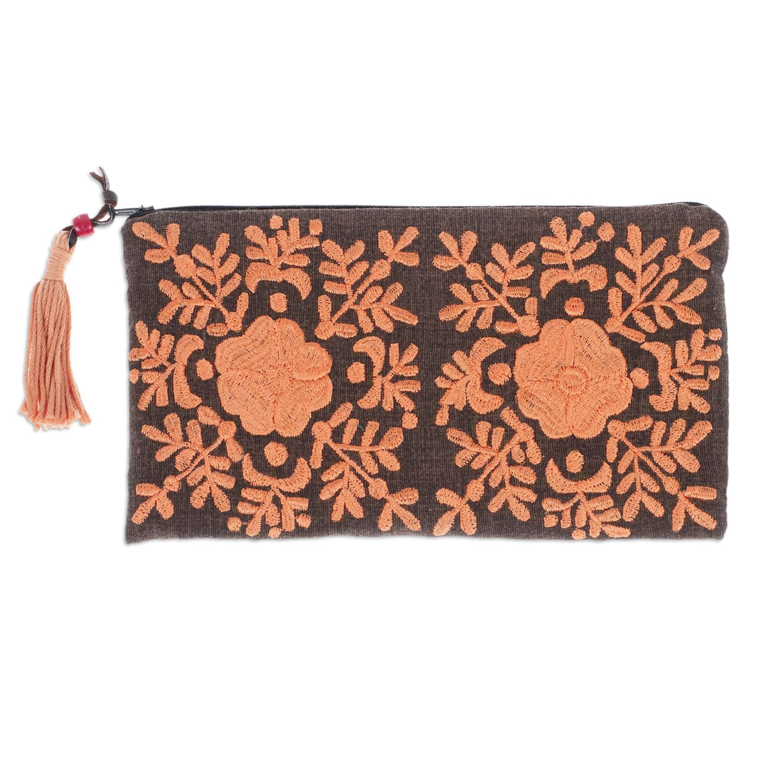 Hand-Embroidered Floral Melon and Mahogany Satin Clutch - Garden's Melon Lights