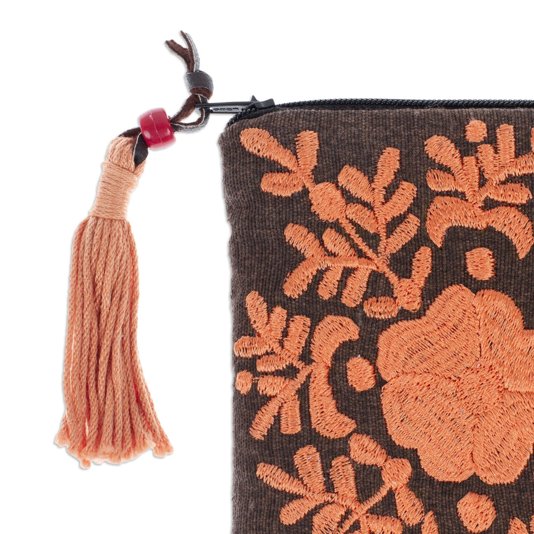 Hand-Embroidered Floral Melon and Mahogany Satin Clutch - Garden's Melon Lights