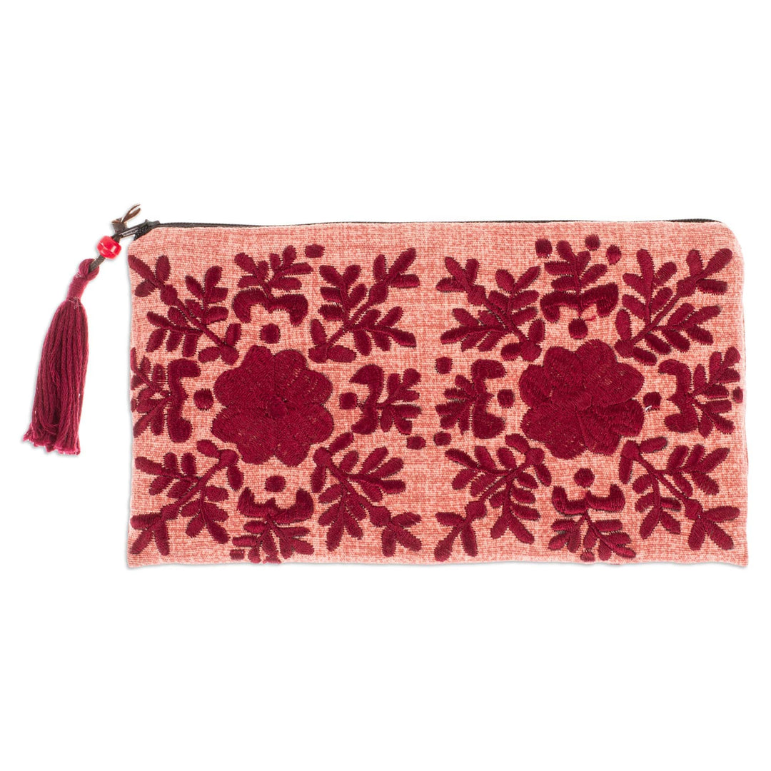 Hand-Embroidered Floral Wine and Peach Satin Clutch - Garden's Wine Lights