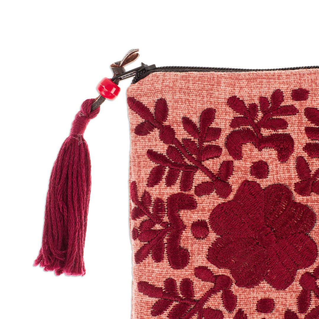 Hand-Embroidered Floral Wine and Peach Satin Clutch - Garden's Wine Lights