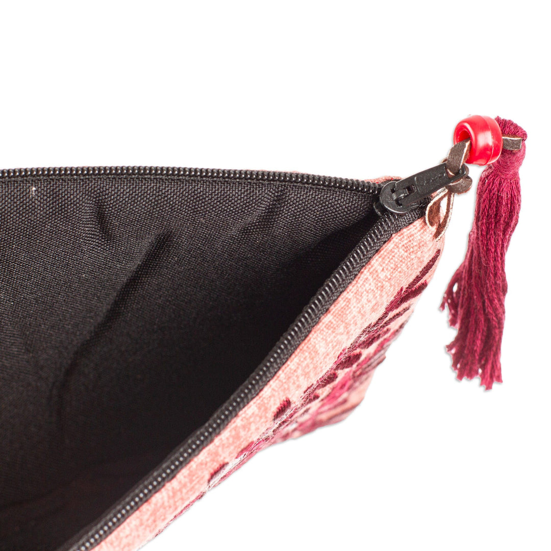Hand-Embroidered Floral Wine and Peach Satin Clutch - Garden's Wine Lights