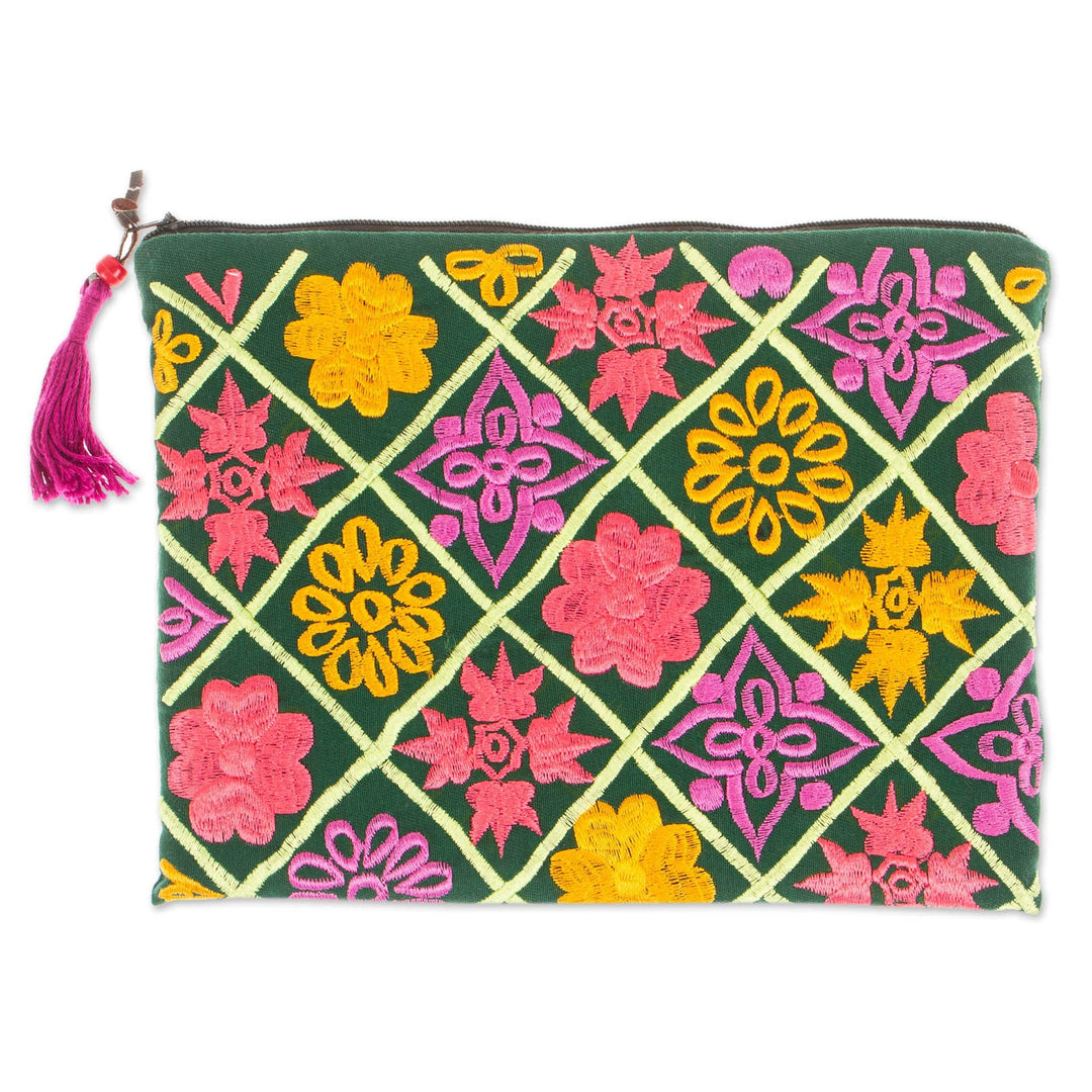 Silk-Embroidered Floral Satin Cosmetic Bag in Green - Glimmers From the Forest