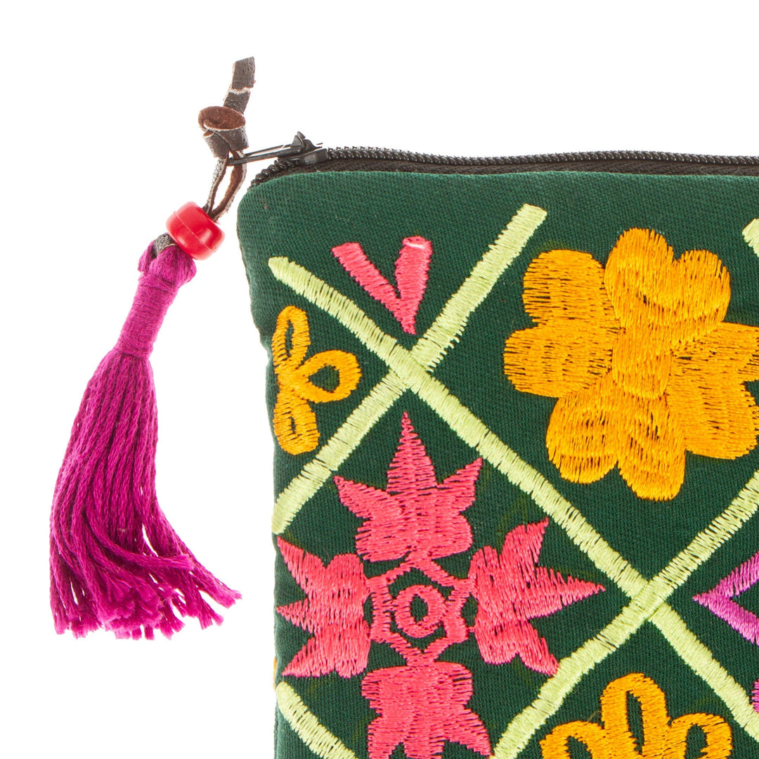 Silk-Embroidered Floral Satin Cosmetic Bag in Green - Glimmers From the Forest