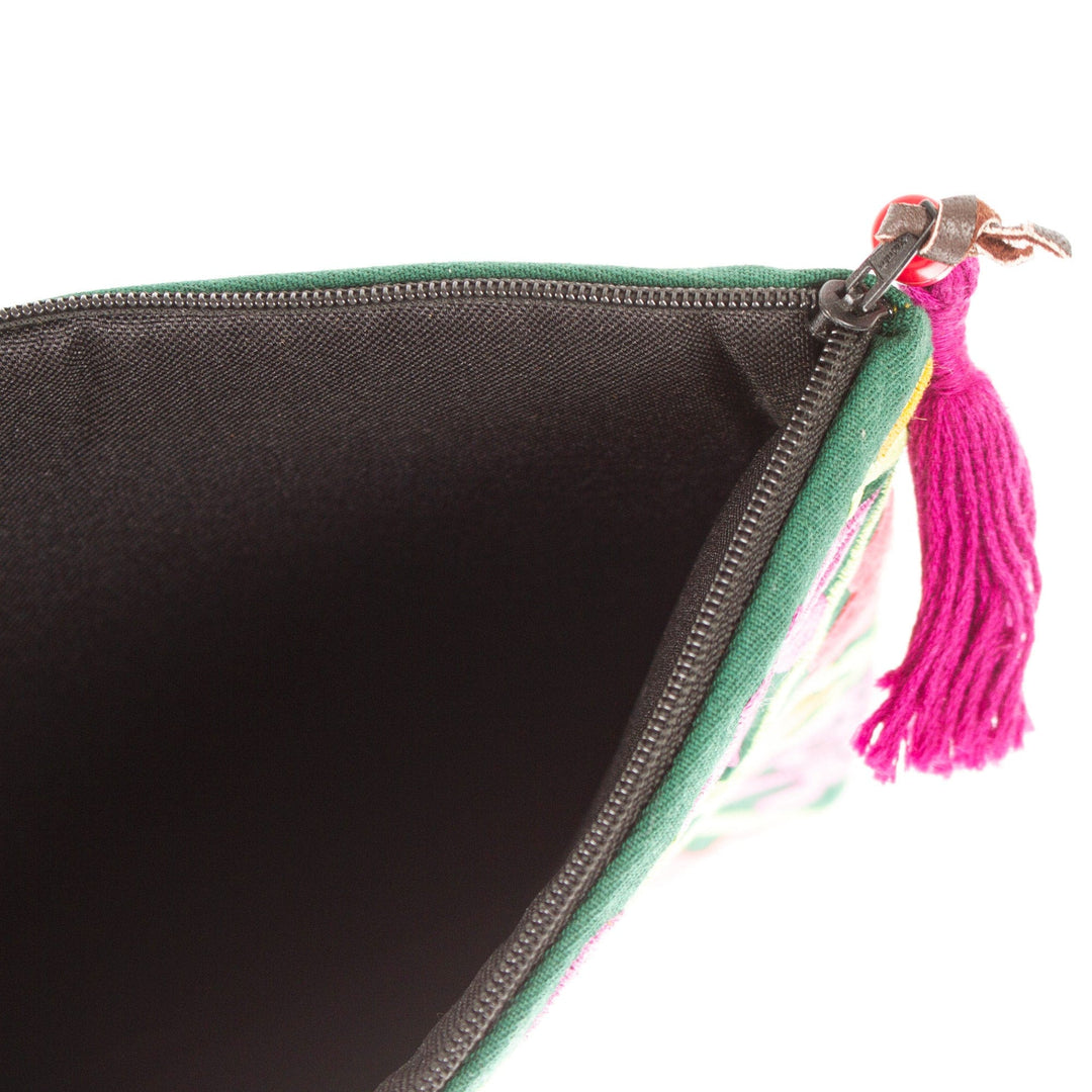 Silk-Embroidered Floral Satin Cosmetic Bag in Green - Glimmers From the Forest