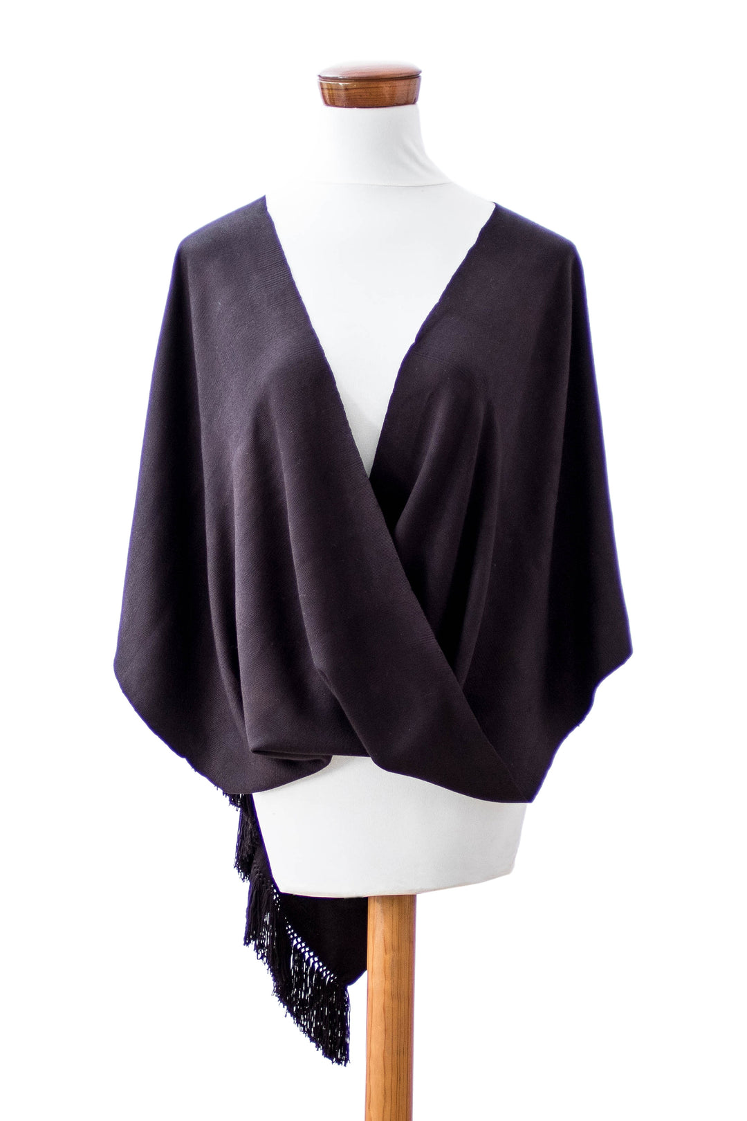 Cross Front Black Fringed Poncho Hand-Woven from Rayon - Solid Black