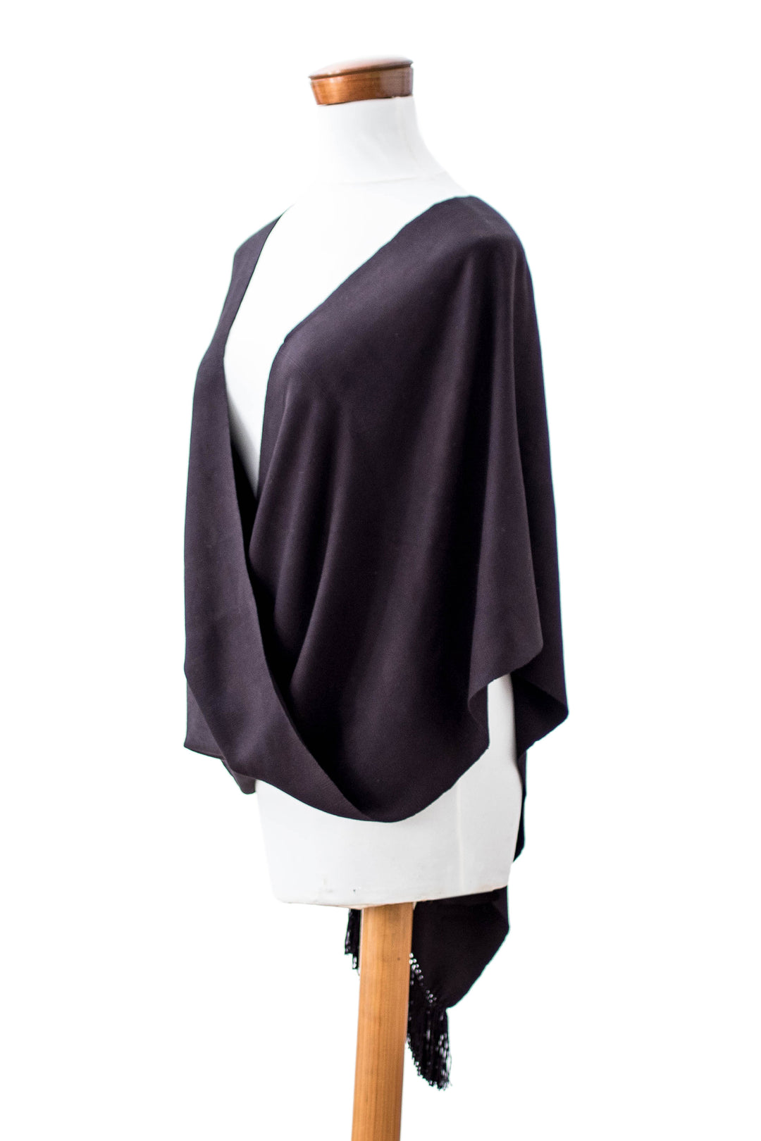 Cross Front Black Fringed Poncho Hand-Woven from Rayon - Solid Black