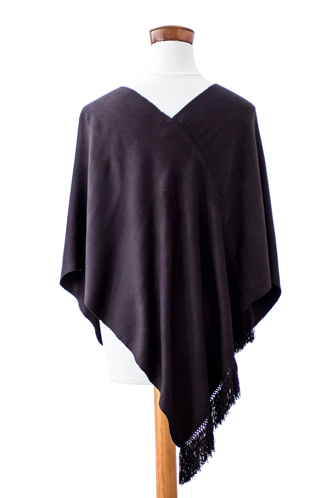 Cross Front Black Fringed Poncho Hand-Woven from Rayon - Solid Black