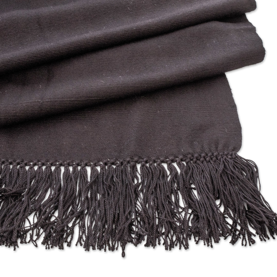 Cross Front Black Fringed Poncho Hand-Woven from Rayon - Solid Black