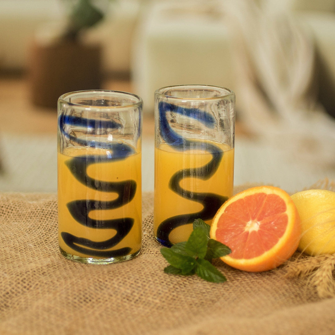 Set of 2 - 11 oz Tumbler Glasses Hand Blown Glass Art - Blue Ripple